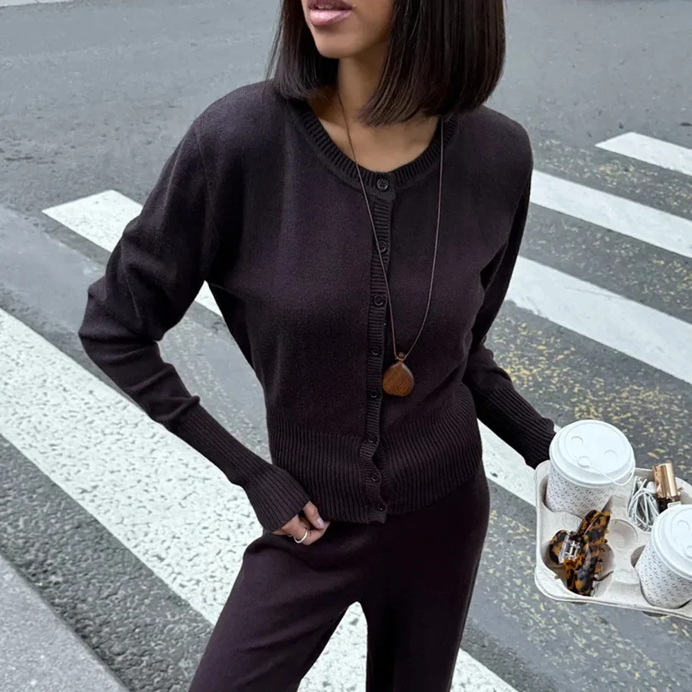 

Ticketsx женский тонкий вязаный кардиган с круглым вырезом и длинными рукавами, осенний новый однобортный свитер, модный повседневный уличный кардиган