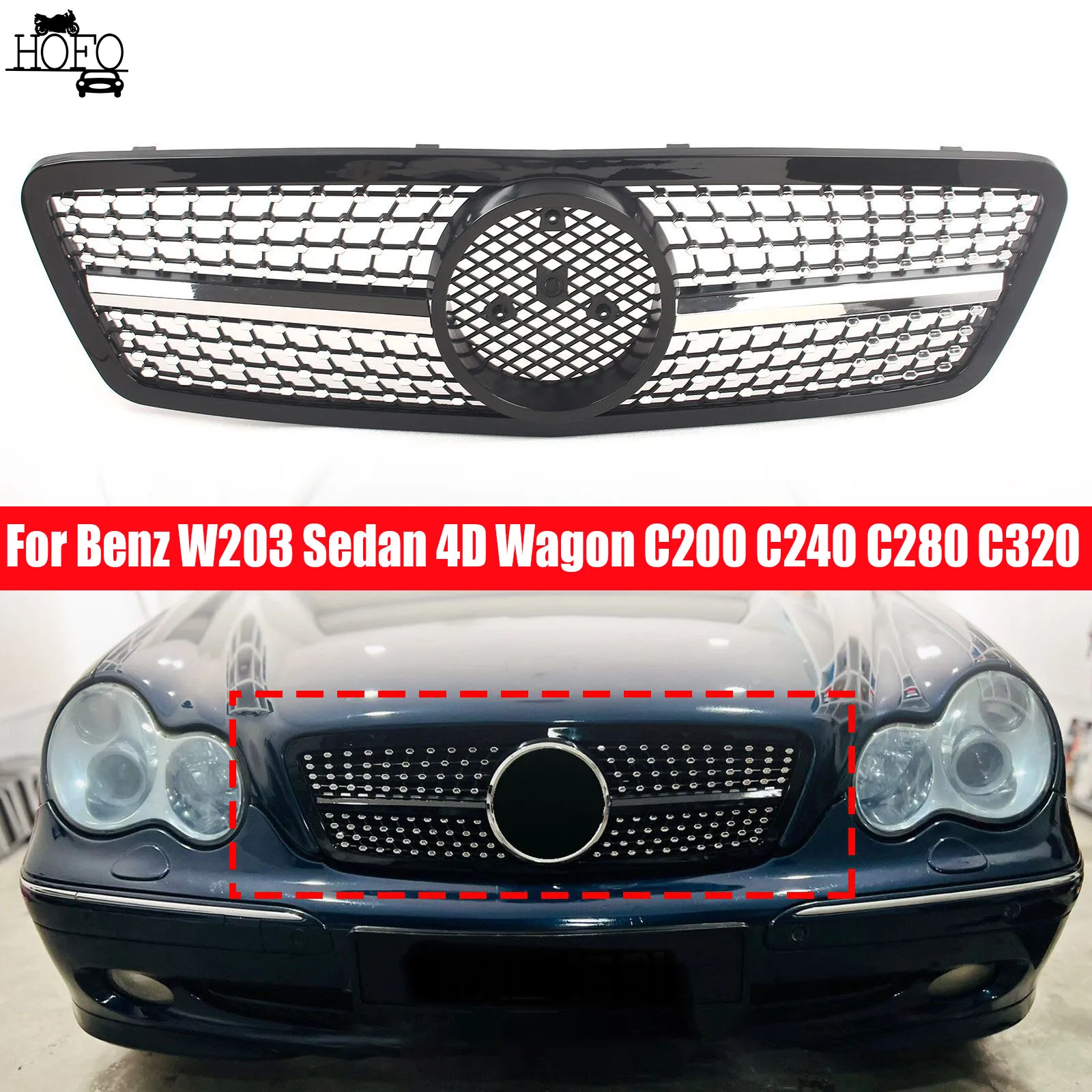 

Car Front Bumper Grilles Racing Grill Replacement Perfect 5Style For Mercedes Benz W203 2000-2007 Sedan 4D Wagon C200 C240 C280