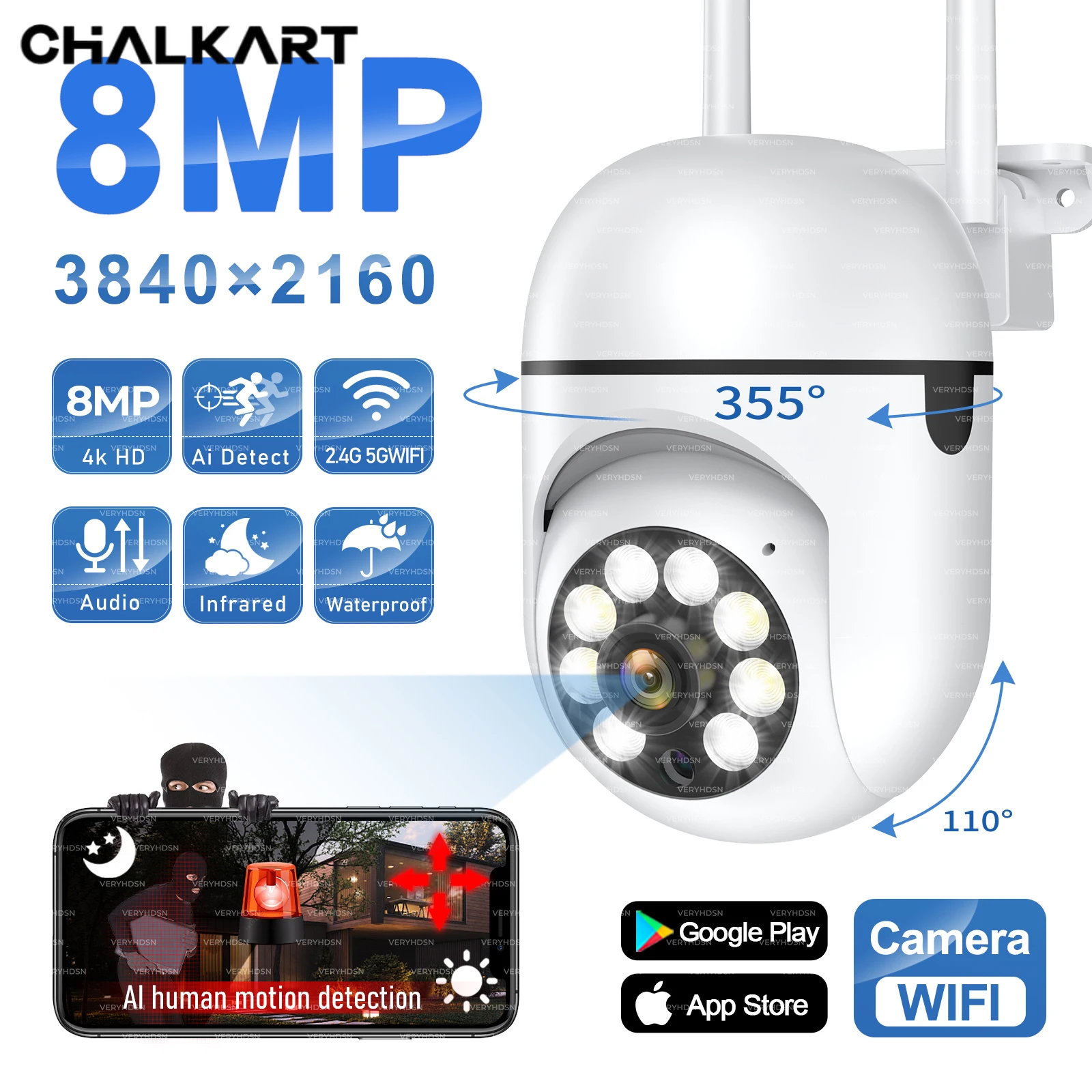 

8-мегапиксельная Wi-Fi IP-камера наружного беспроводного охранного наблюдения PTZ Камеры с 4-кратным зумом AI Слежение за человеком Двустороннее аудио HD Ночная цветная камера