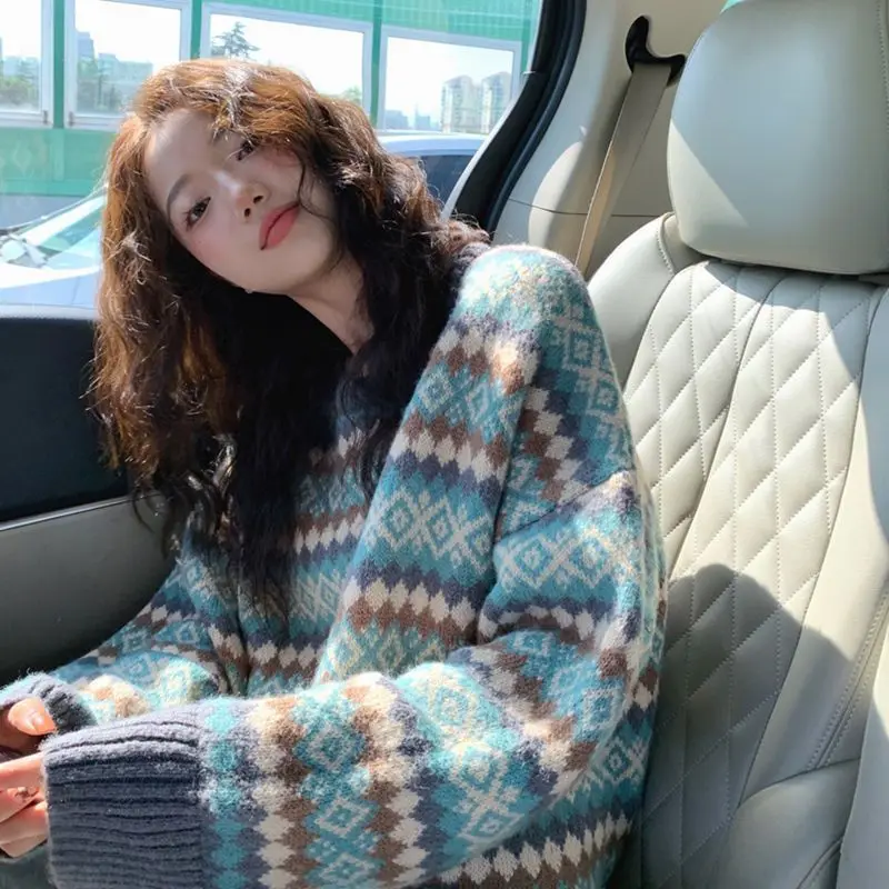 

Женский пуловер с круглым вырезом, вязаный свитер, свободный крой, мягкий принт, большие уютные осенне-зимние повседневные пуловеры