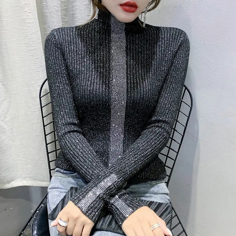 Temperament Autumn/Winter Sweaters New Women\'s Solid Turtleneck Diamonds Fashion Casual Long Sleeve Bottoming Shirt Knitted Tops