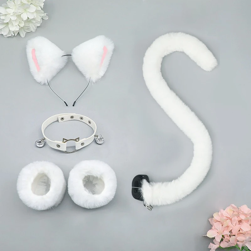 Katze Ohr und Schwanz Cosplay Requisiten Set Frau Plüsch Armband Sexy Leder Halsband mit Glocke Lolita Party Dress Up Kostüm Zubehör