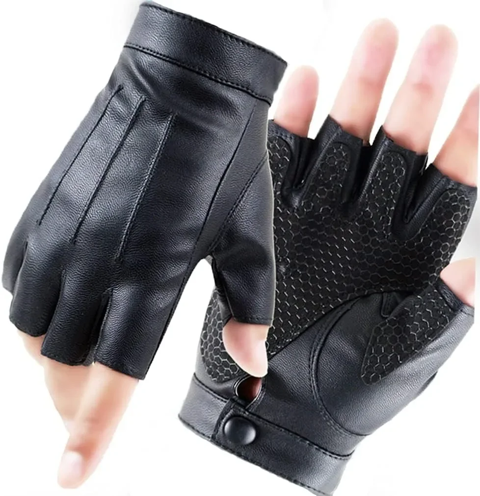 

Men Women Fingerless Half Finger Driving PU Leather Gloves Outdoor Sport Faux with Anti-Slip Layer Waterproof Black Gloves