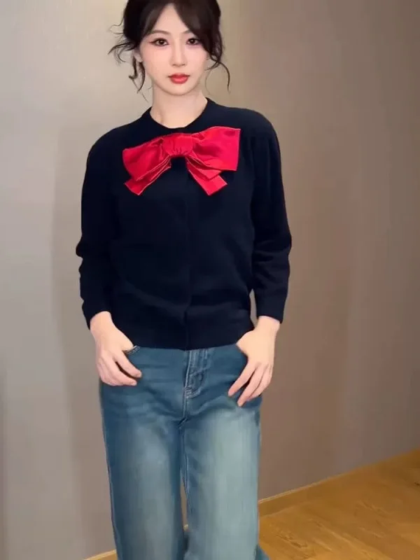 

Slim Fit Knitted Cardigan with Knot round Ne Design Commute Sle Long Sve Spring Faion Women's Top