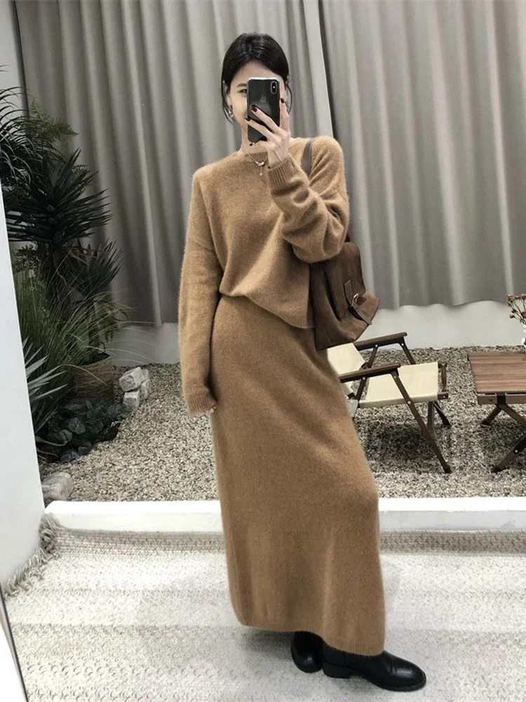 Autumn Winter Knitted 2 Piece Sets Office Ladies Elegant O Neck Pullover Soft Knitting Sweater+High Waist Long Skirts Sets