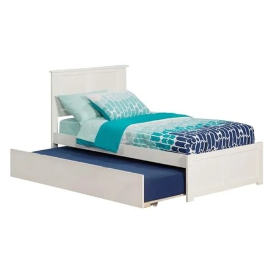 

Farmhouse Solid Wood Twin Platform Bed with Twin Trundle, White Finish, Built-in USB Charger, Durable Panel Design, Mattress-Re