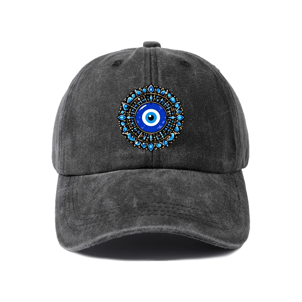 Blue Mandala Evil Eye Graphic Baseball Cap, Vintage Washed Adjustable Unisex Dad Hat, Casual Gift