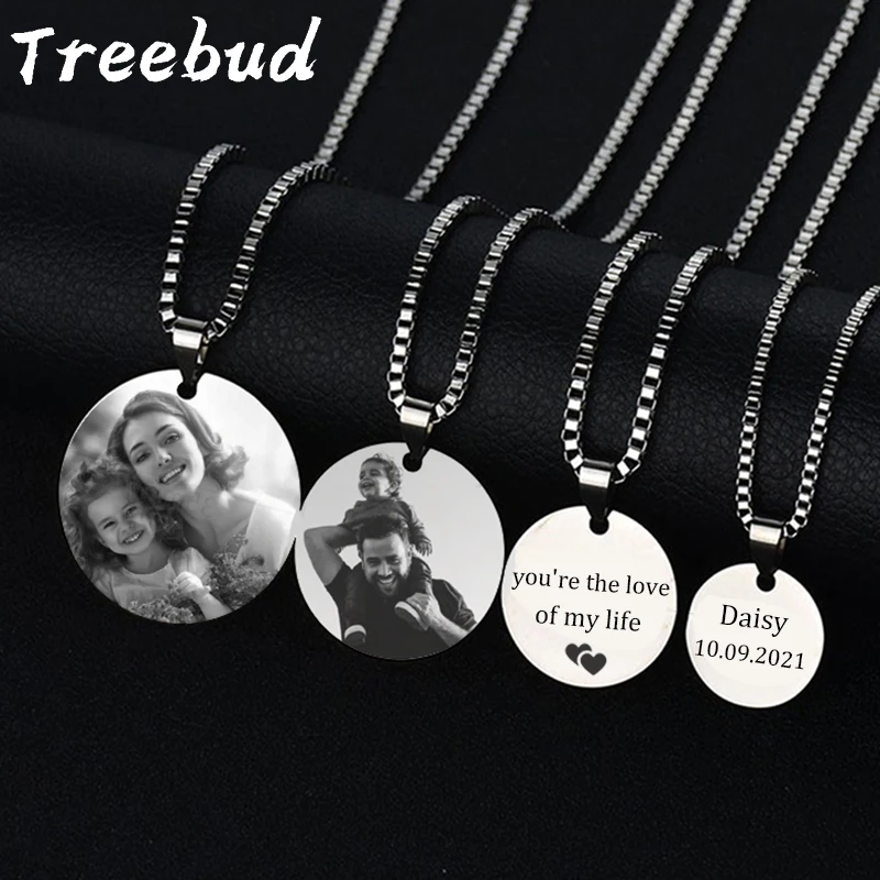Treebud Niestandardowe zdjęcie Okrągły wisiorek Naszyjnik ze stali nierdzewnej Grawerowany laserem obraz Tekst Naszyjniki Mama Tata Prezenty Biżuteria rodzinna