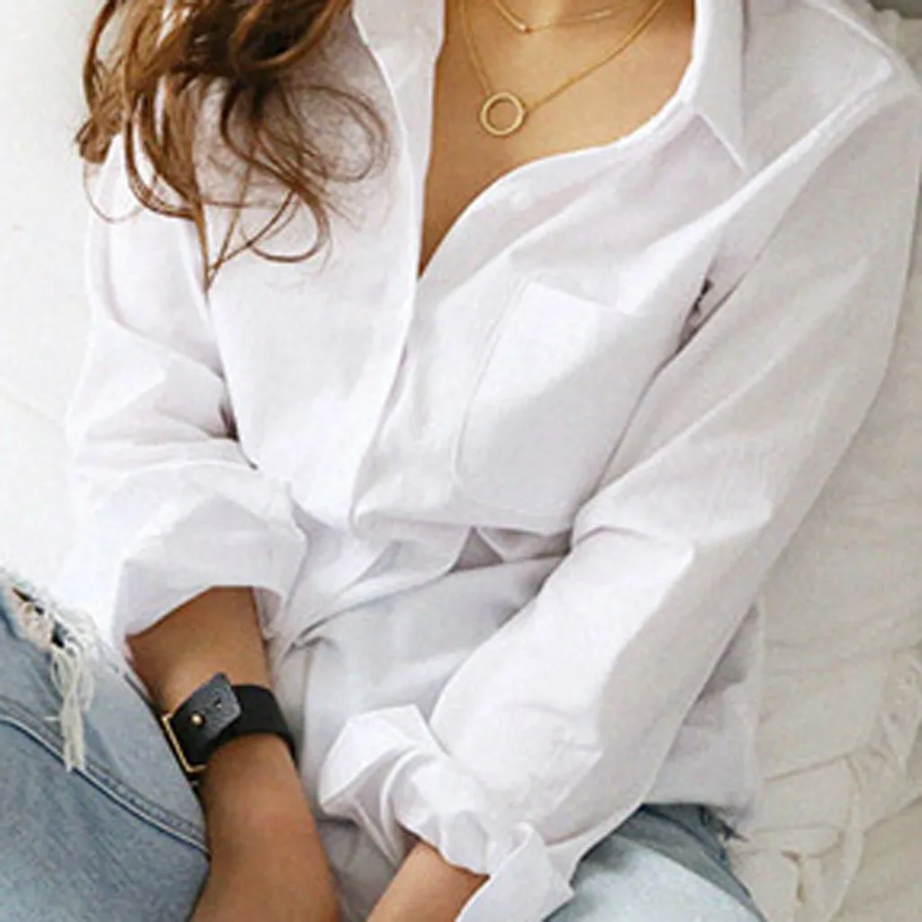 Fashion Women\'s White Blouse 2024 Chic Long Sleeve Lapel Button Up Shirt Tops Turn-Down Collar Pocket Shirts Women\'S Clothing