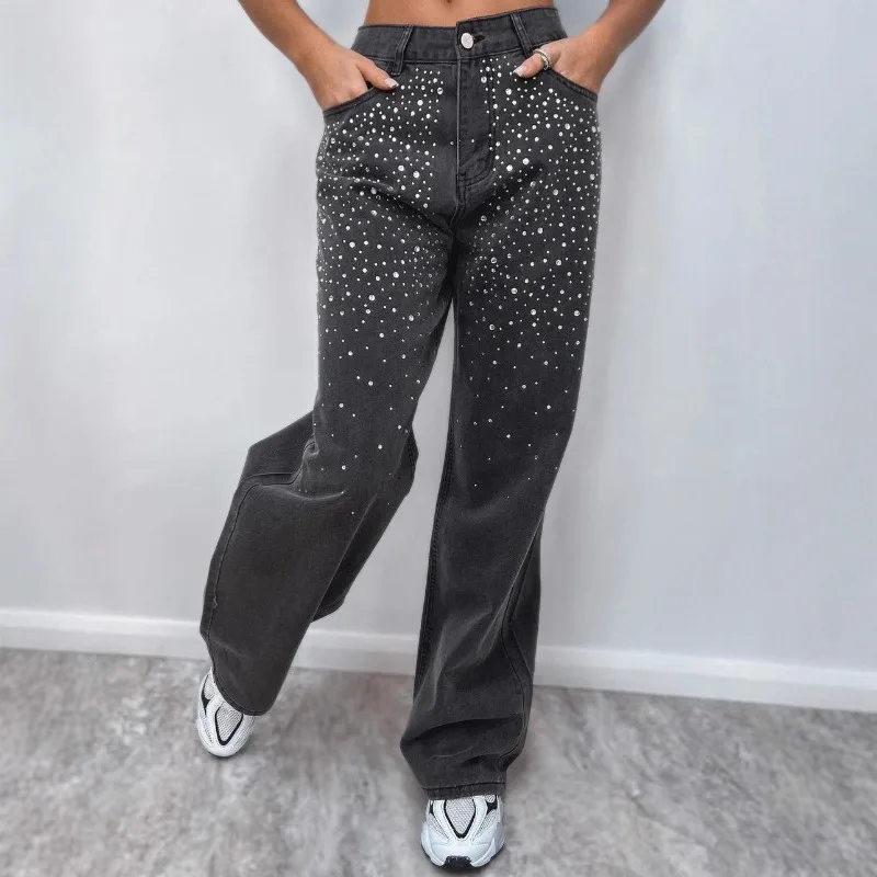 

High Street Rhinestone Jeans Women Vintage Baggy Y2k Pants Loose Straight Pant Fahsion Women Y2k Clothes Denim Jeans