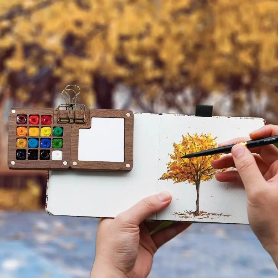 New Pocket Artist Watercolor Travel Set 15 Grid Mini Paint Palette Kit With Brush Sketchbook Wooden Portable For Painters Artists(24 Colors )