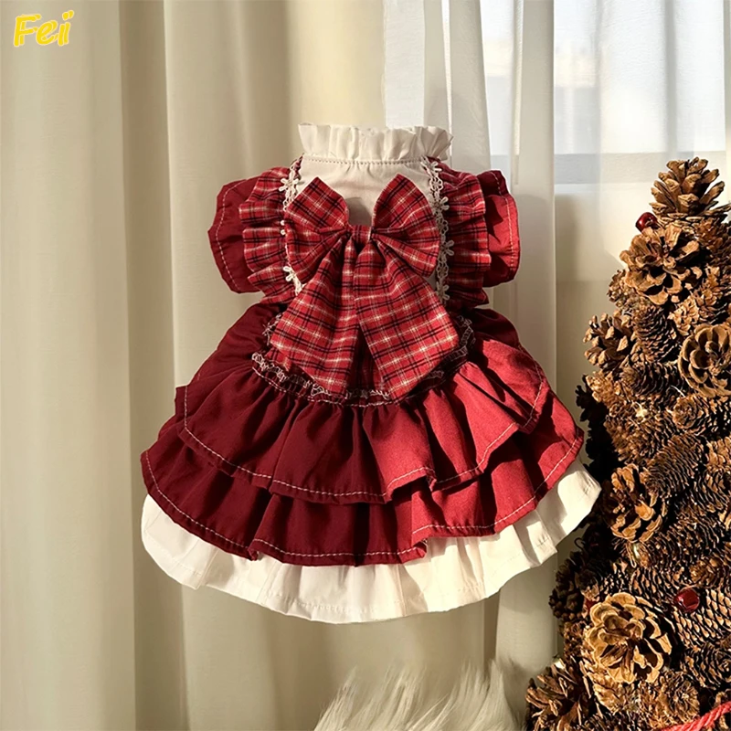 

Handmade Thick Cotton Pet Dog Clothes Puppy Dog Chihuahua Casual Outerwear Retro Red Bow Princess Dresses For Small Medium Dog