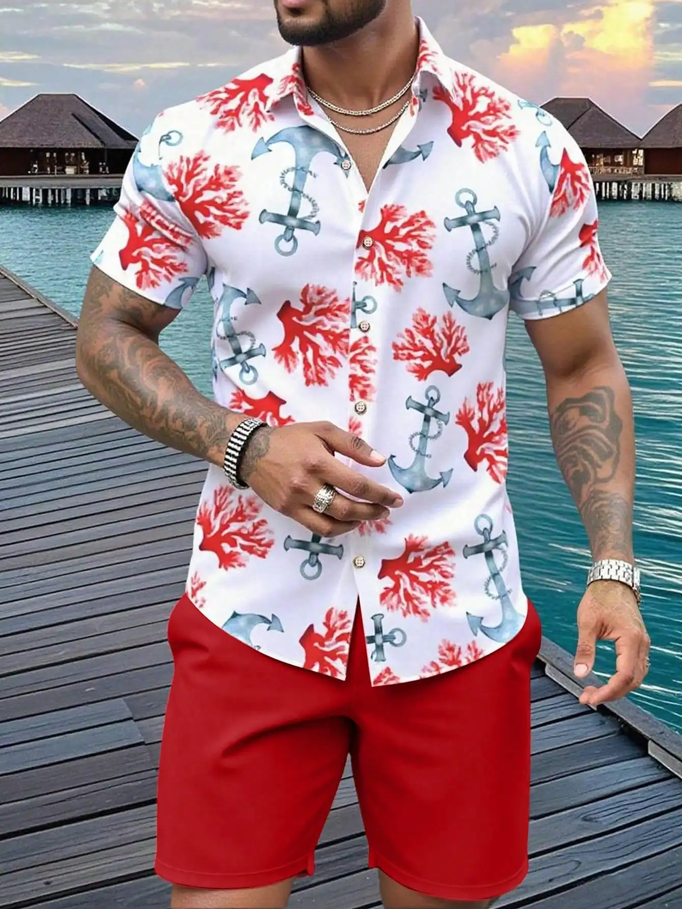 

Mens Nautical Anchor And Coral Pattern Short Sleeve Shirt With Matching Shorts Set
