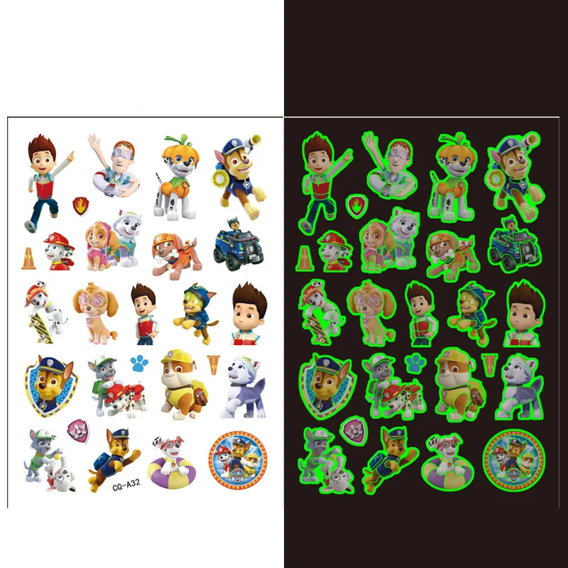 Cartoon Luminous Tattoo Sticker Paw Patrol Children Arm Face Glowing Tattoo Children Body Tattoo Ryder Marshall Rubble Sticker