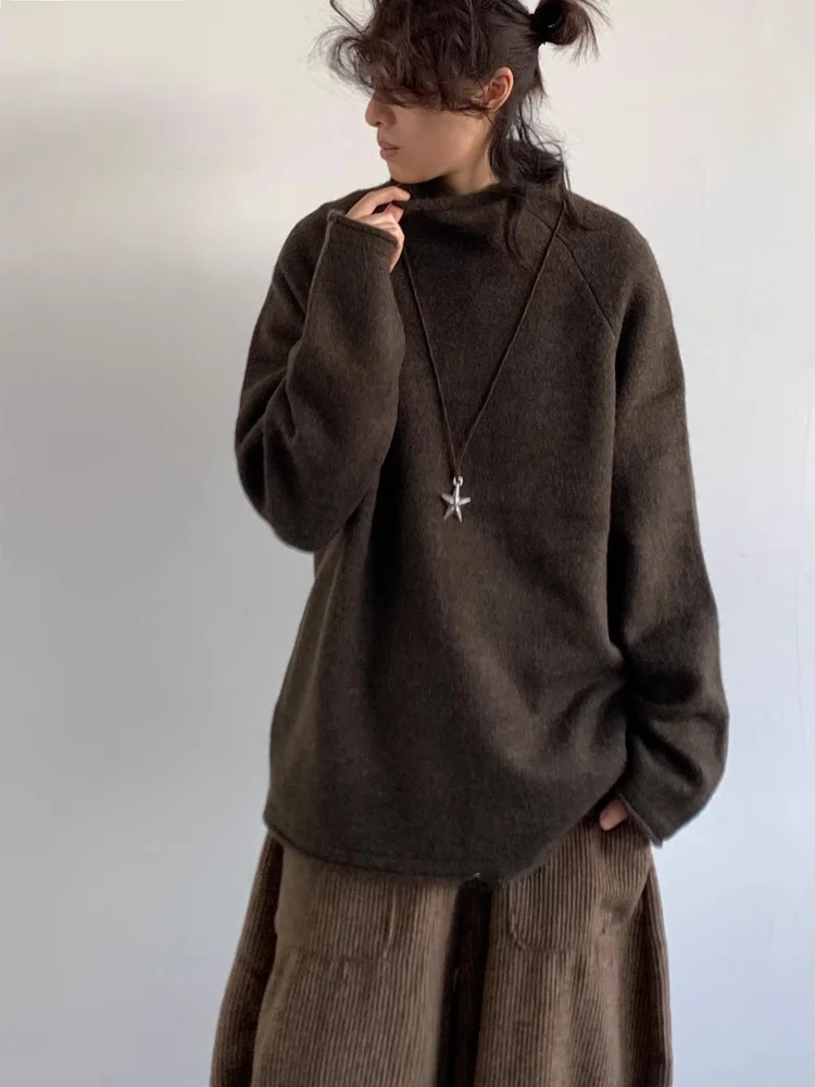 

Retro Japanese Sle High Collar Knitted Sweater ex Loose Winter Warm Base Layer Top Trendy Casual Long Sve Crew Ne