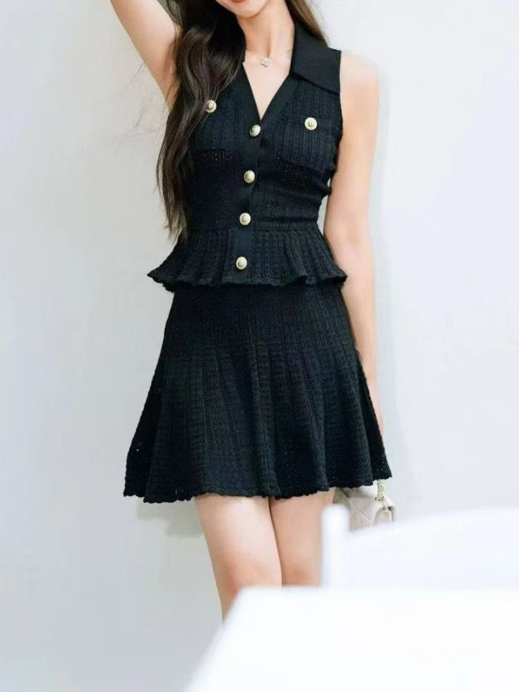 

2025 Summer New Fashion Temperament Black Hook Hollow-out Knit Mini Dress Women Elegant Sleeveless Ruffle Slim Robe Ladies