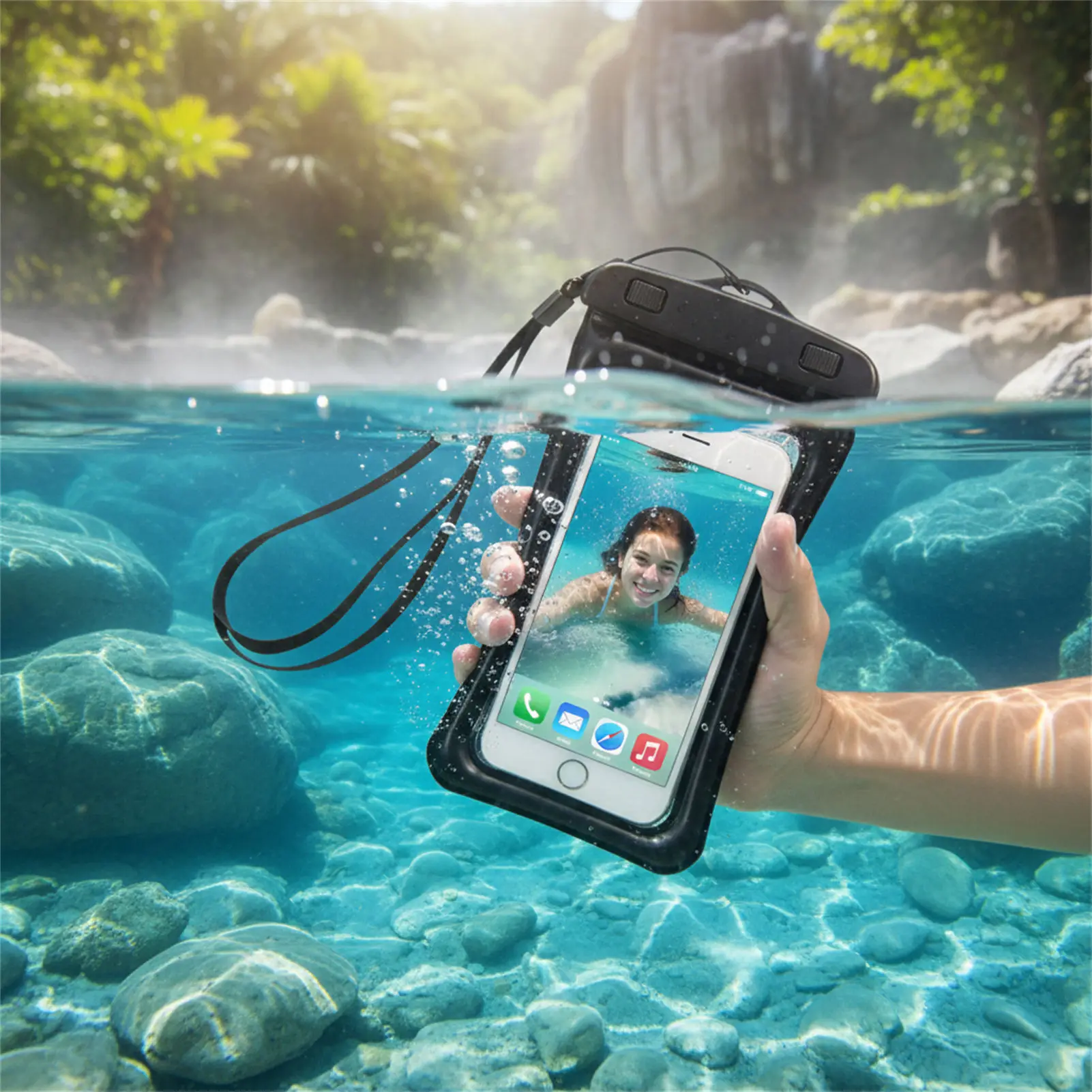 Blue Black Waterproof Phone Bag Transparent PVC Touch Screen Phone Organizer Swimming Snorkeling Beach Use for Men Women view 4