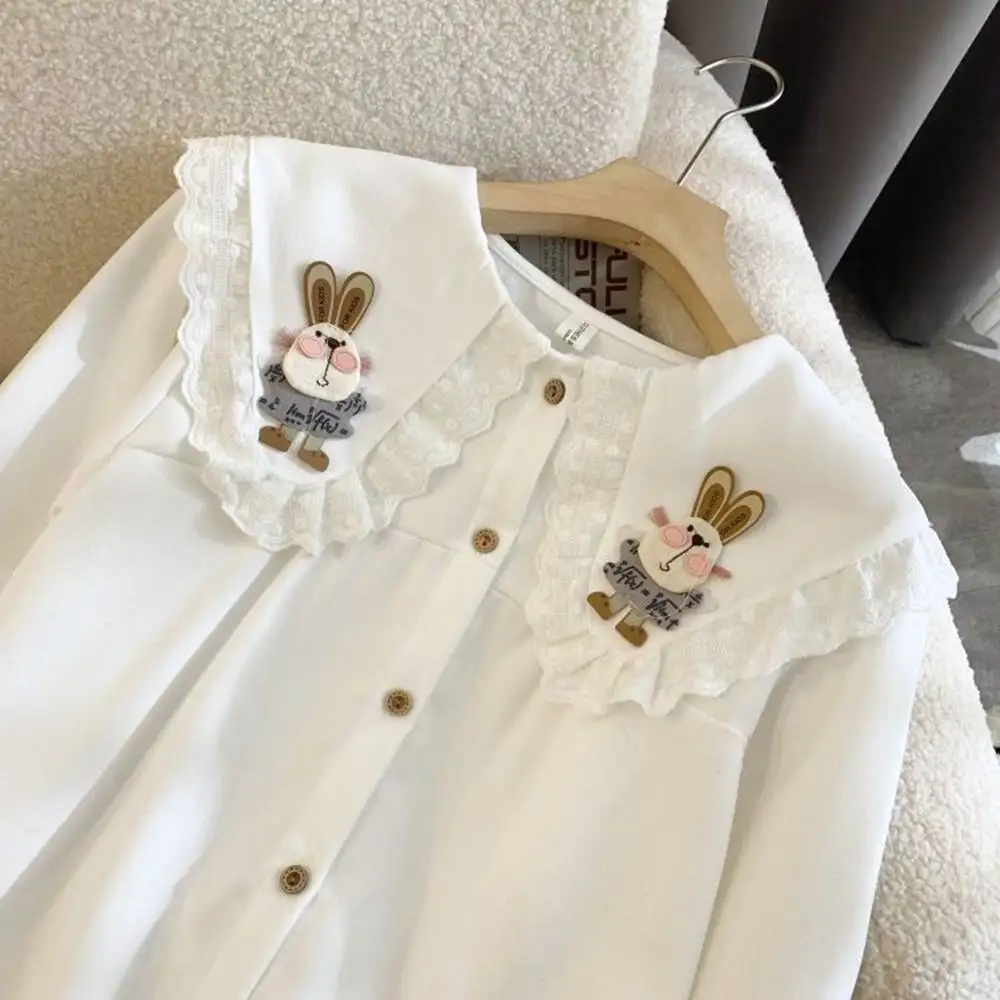 Plus Size 5XL 140kg Autumn Cartoon Shirt Lace Peter Pan Collar Oversized Tops Long Sleeve Korean Sweet Shirts