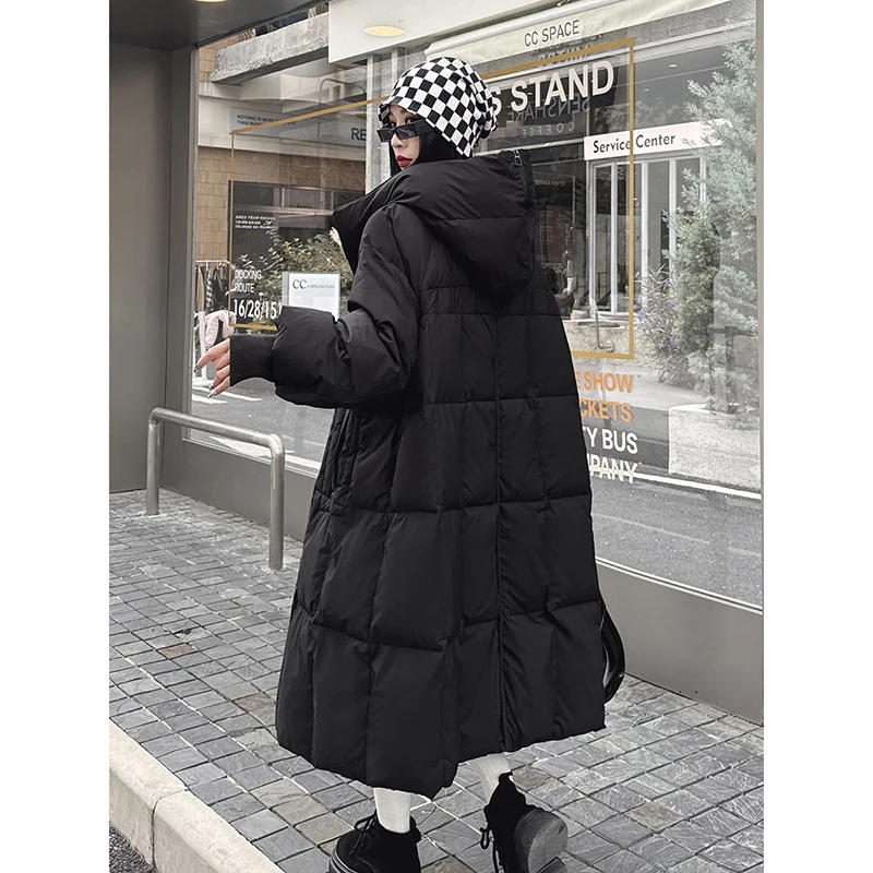 Schinteon Women's White Duck down Long Jacket with Hood Casual Loose Fit Over Size Autumn Winter Thick Warm Outwear High Quality