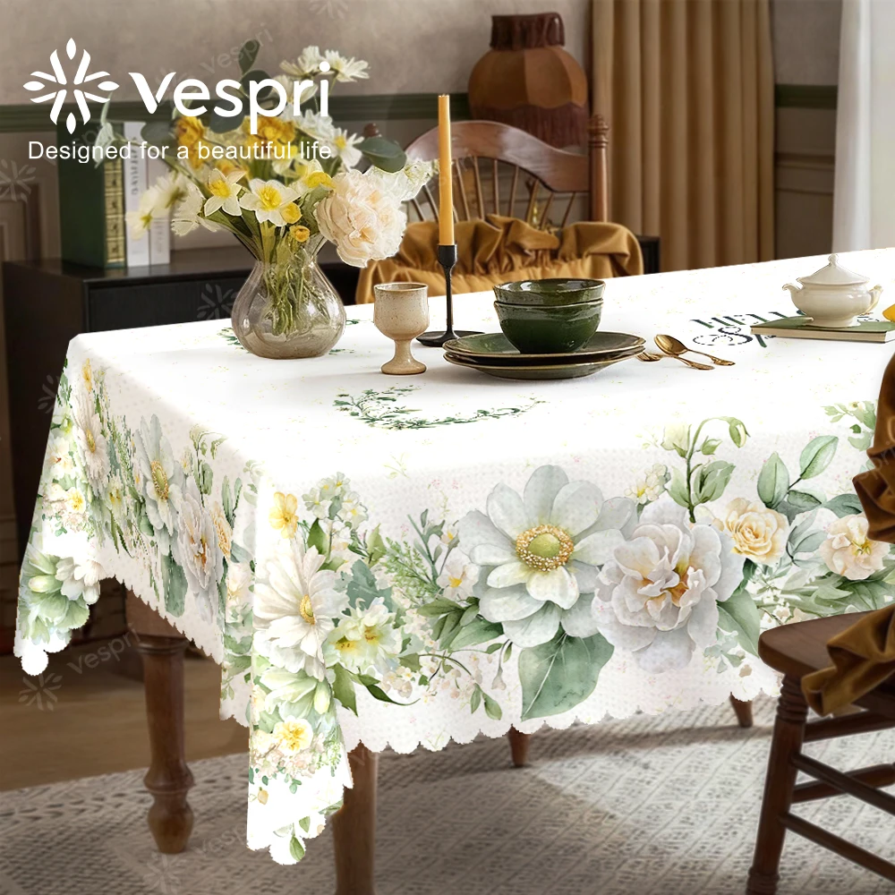 Vespri Frühlings-Blumen Oster-Tischdecke Weiß-Grün Blumen-Blatt-Muster Rund Rechteckig Oval Polyester