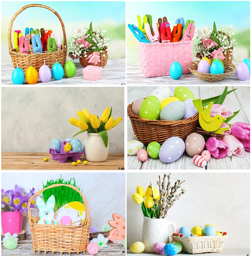 Colorful Eggs Handmade Rabbit Image Backdrops Photographic For Easter Floral Basket Vase Backgrounds Baby Portrait Photocall