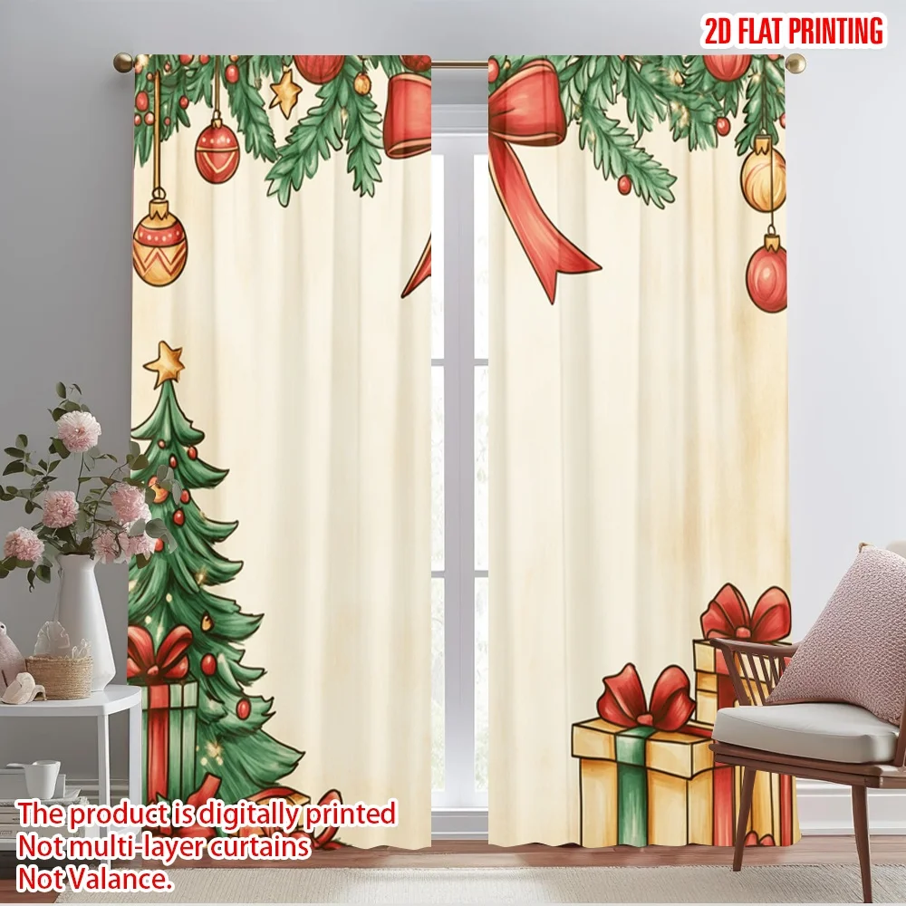 2pcs,2D plane printing Pattern Curtains Christmas Tree Ornaments Gifts_h Polyester Easy Install (without rod) Gifts Ldeal for