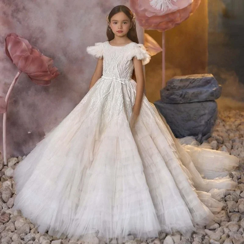 Elegant 2025 Girls Cake Layer Dress White Tiered Gown Pageant Show Performance Outfit Kids Formal Party Event Wear