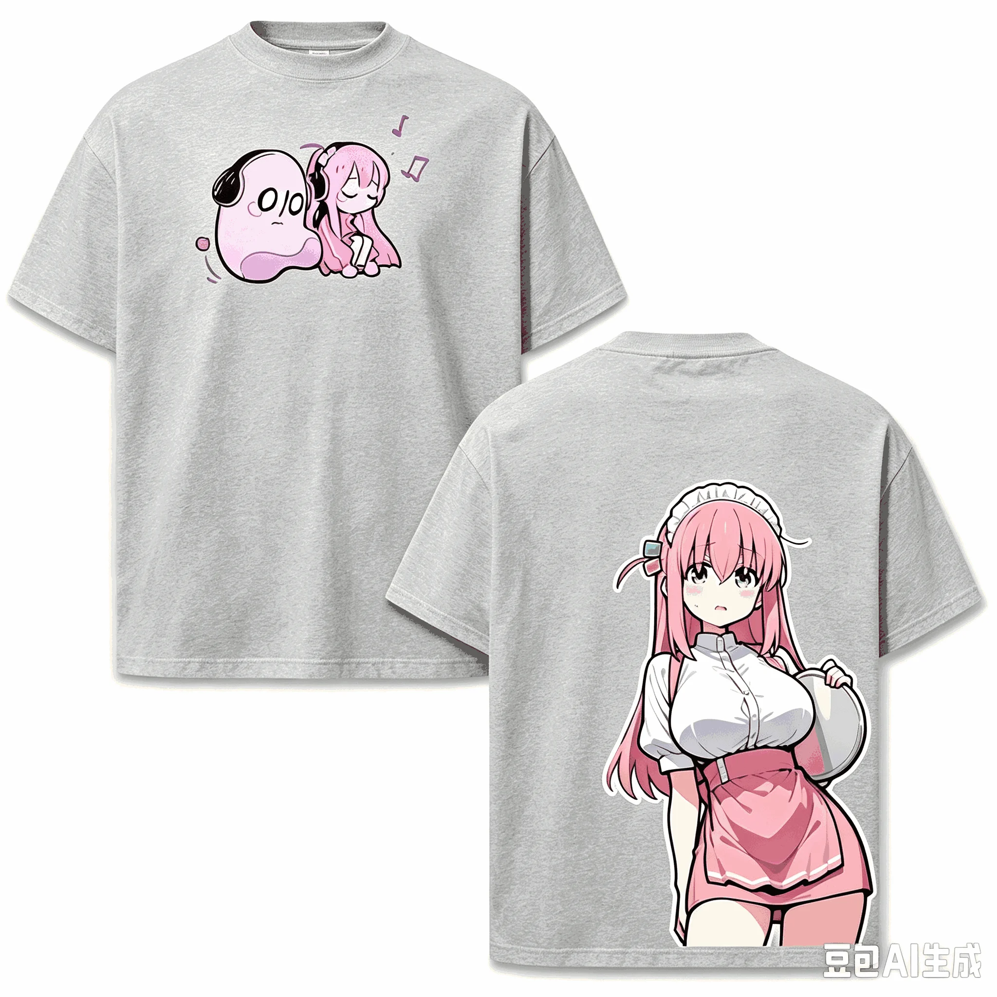 Anime Bocchi The Rock Hitori Gotoh Dienstmädchen-Outfit Doppelseitig Bedrucktes T-Shirt für Männer und Frauen Vintage Y2K Gothic Baumwolle Oversized T-Shirts – Detail 3