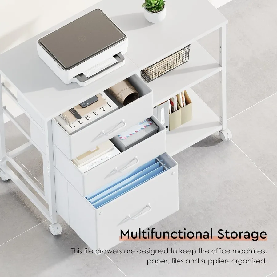 خزانة ملفات ذات أدراج ثلاثية الأدراج مع عجلات وحامل طابعة دوارة يتميز برف تخزين مفتوح للتنظيم الفعال في المكتب المنزلي #4
