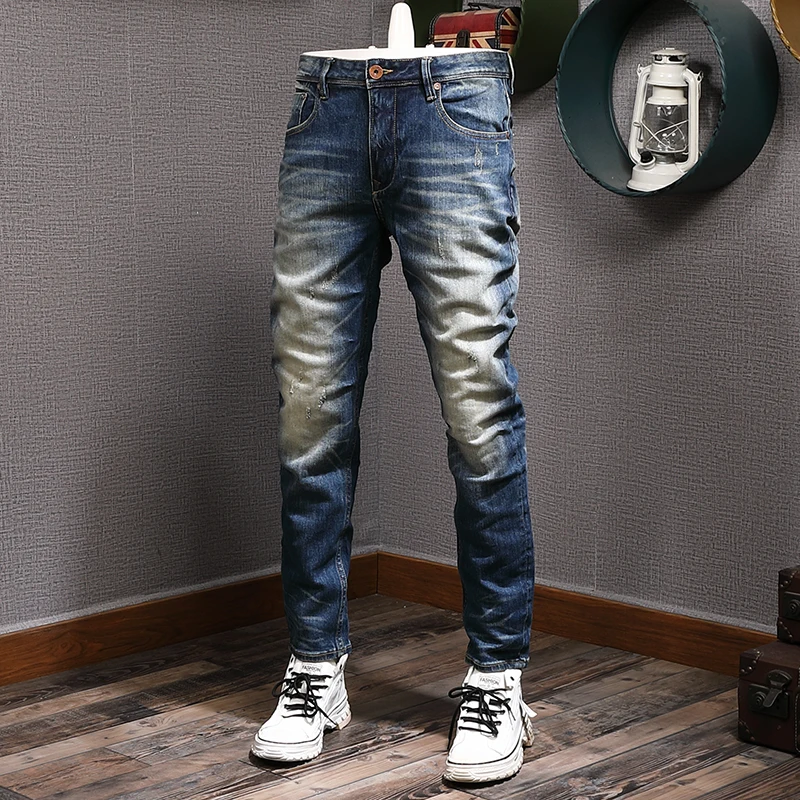 European Trend Fashion Men Jeans Retro Blue High Quality Elastic Slim Fit Ripped Jeans Men Vintage Designer Denim Pants Hombre