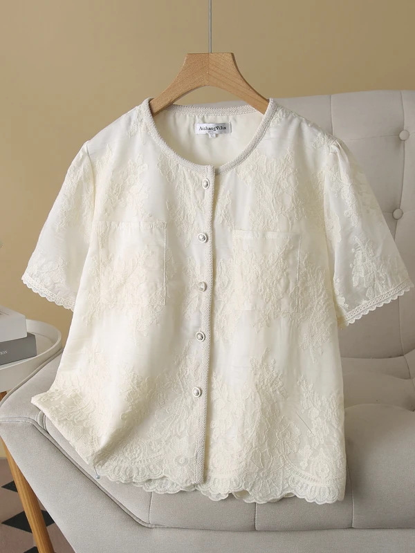 

plus Size Women's Faionable round Ne ort Sve Embroidered Lace irt Double ket Slimming Versatile Top Summer New ...