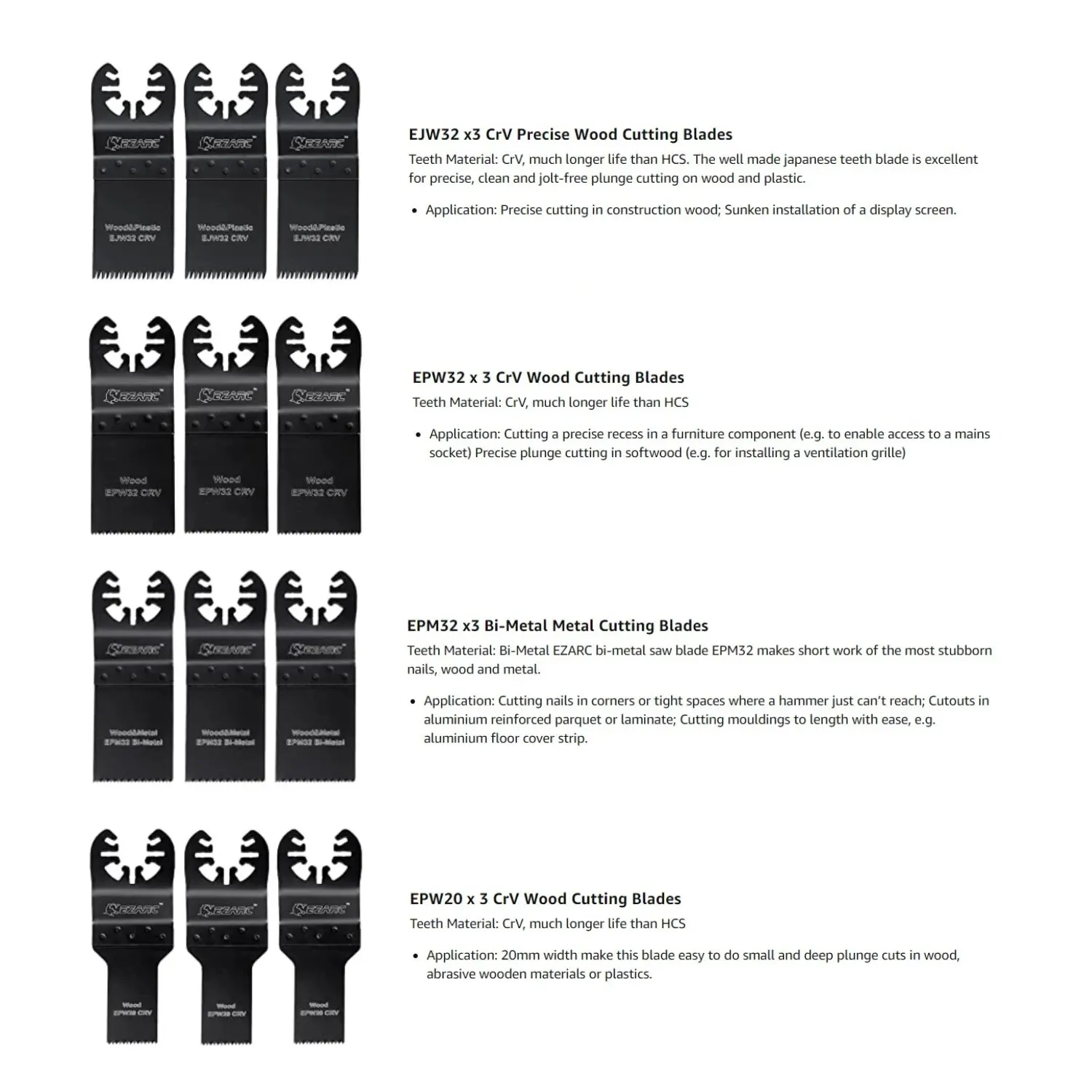 EZARC 12 ชิ้นใบเลื่อยสั่นสําหรับไม้และโลหะ, Quick Release Multitool ใบมีดสําหรับเลื่อยขูดและตัด