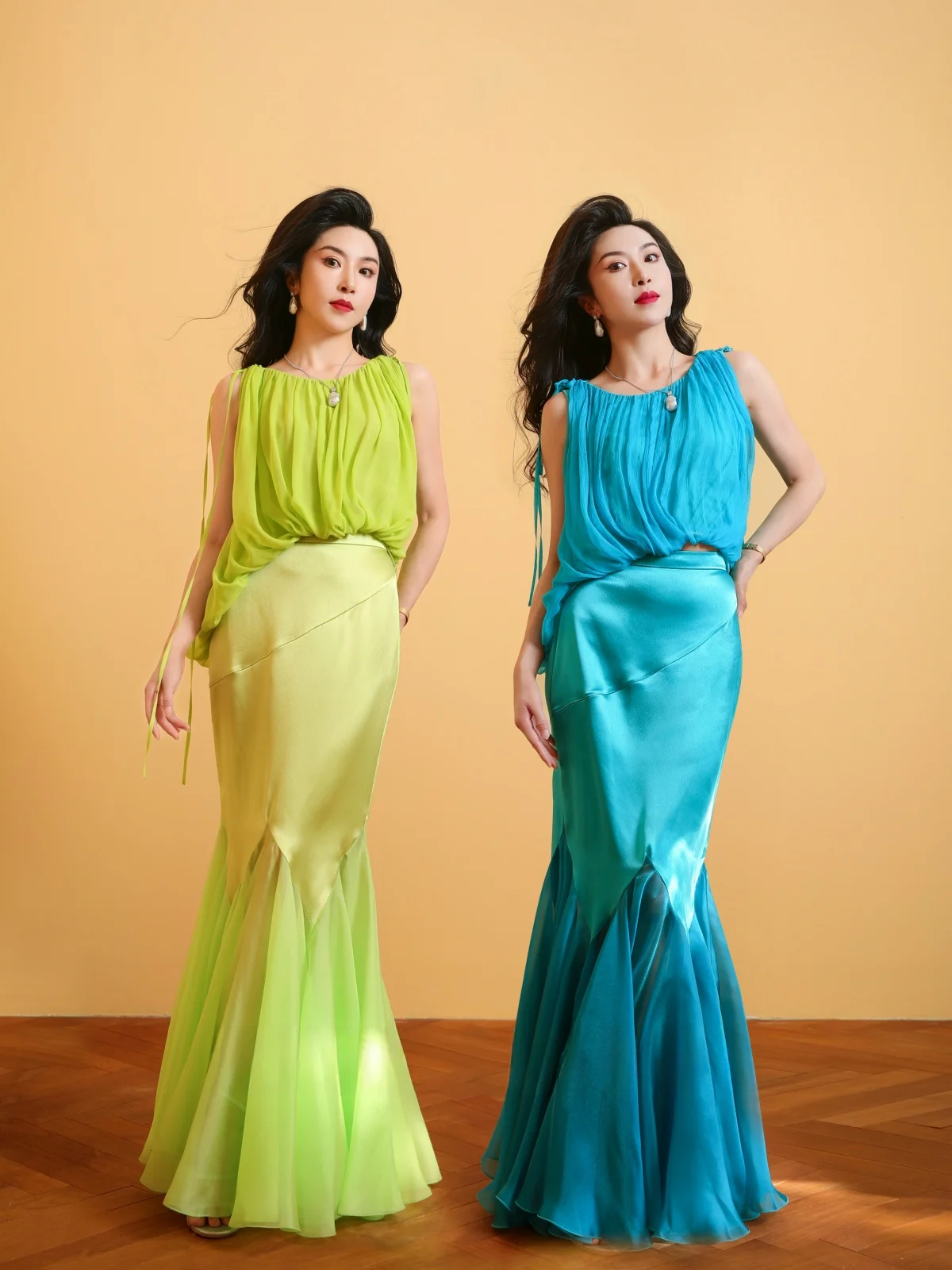 

Ele Silk Gazar Insert Pleated Skirt Top Acetate Fi Tail f Skirt Faionable Ensemble for Young Profional Women