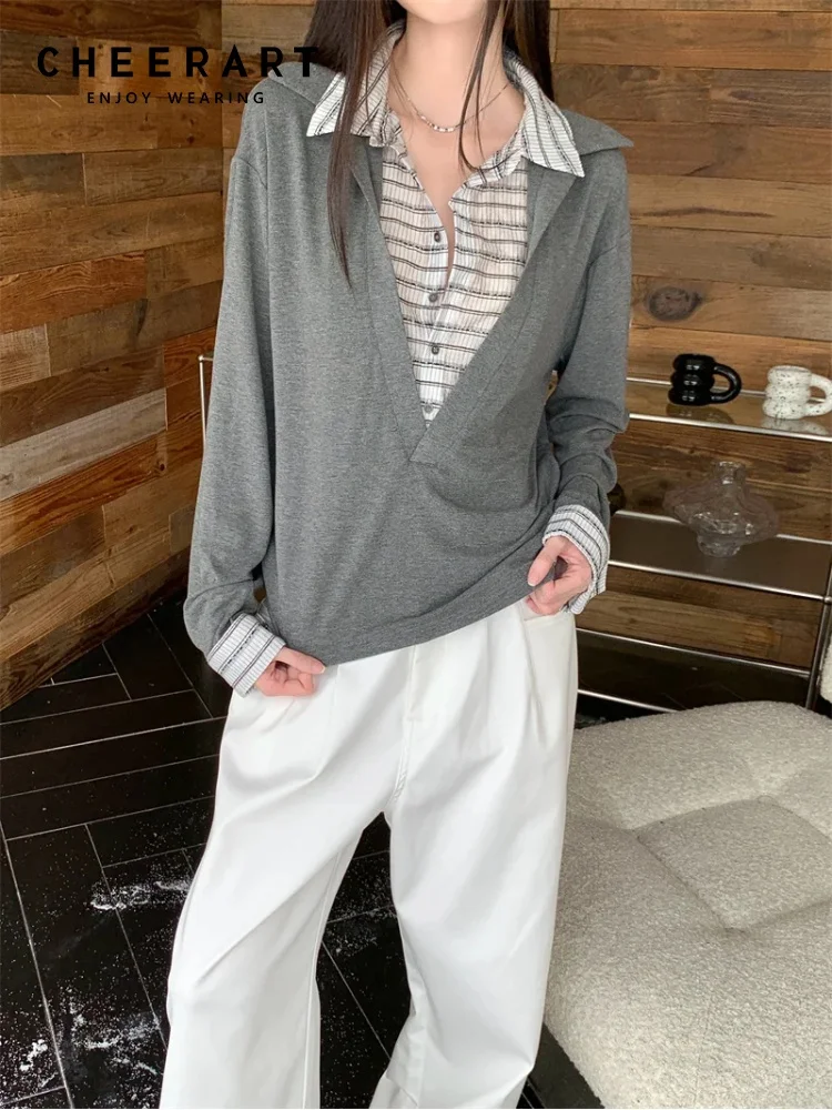 

CHEERART Autumn 2025 Fake 2 Piece Long Sleeve Blouse Shirt For Woman Patchwork Knitted Casual Top Grey Fall Clothes