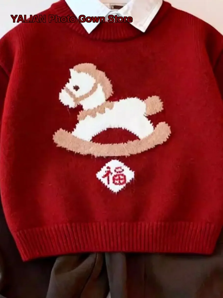 Children Cartoon Pony Pattern Warm Knit Top for Boys and Girls Festive New Year Outfit 2026 Kids