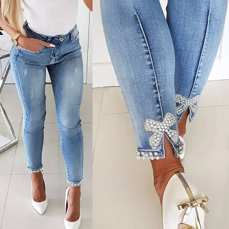 Women Slim-fit Jeans Thin Butterfly Sticky Flower Beads Split-ended Denim Jeans Pants Trousers Leggings