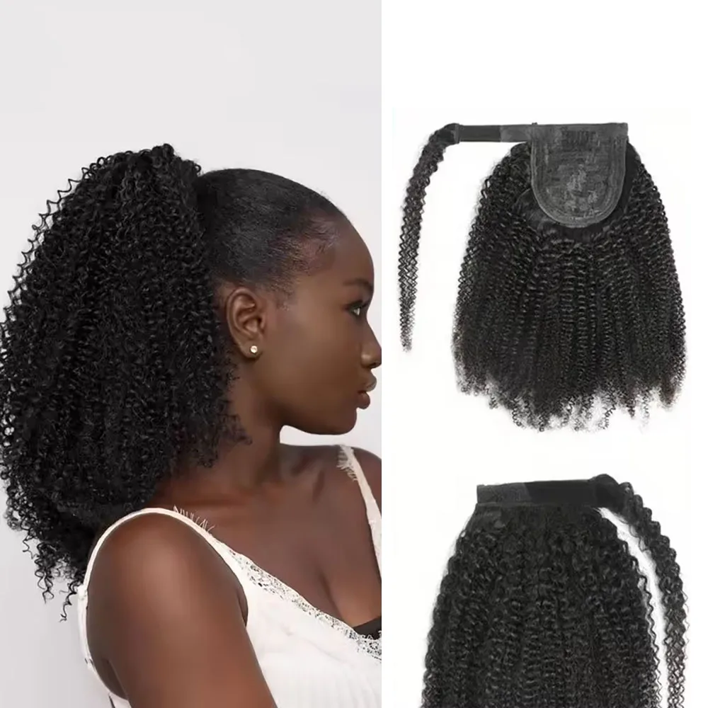 Afro Curly Drawstring Ponytail Human Hair Ponytails #1B Natural Black Kinky Curly Clip In Hair Extensions For Daily Cosplay Wig
