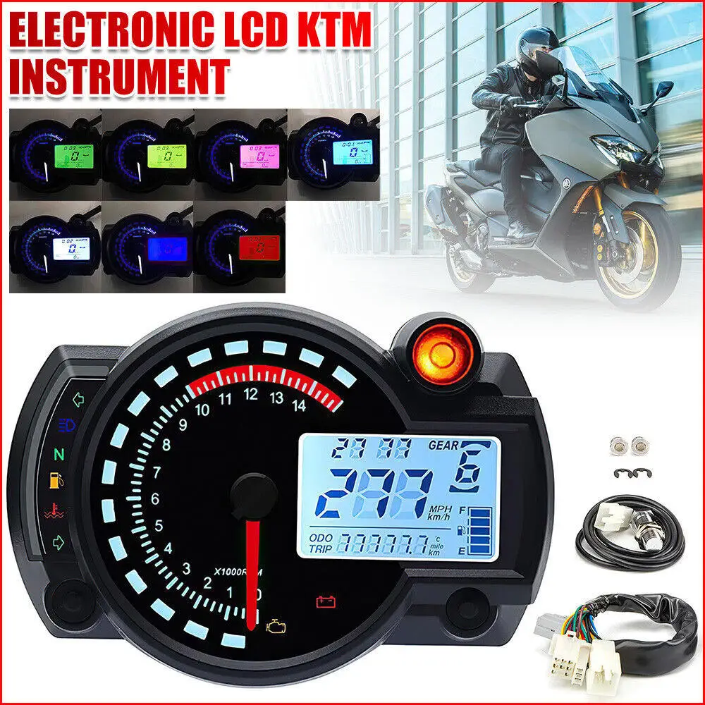 

Universal Motorcycle Motorbike LCD Odometer Digital Speedometer Tachometer Gauge 7 Colors Dashboard without Sensor for Motor