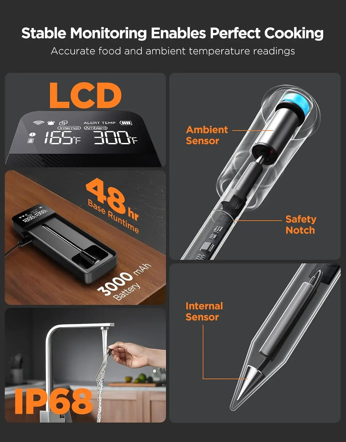 Termometro per carne wireless Bluetooth con display LCD, WiFi, ±1.8 ℉   Precisione, sonde per uso alimentare per barbecue, grill, forno