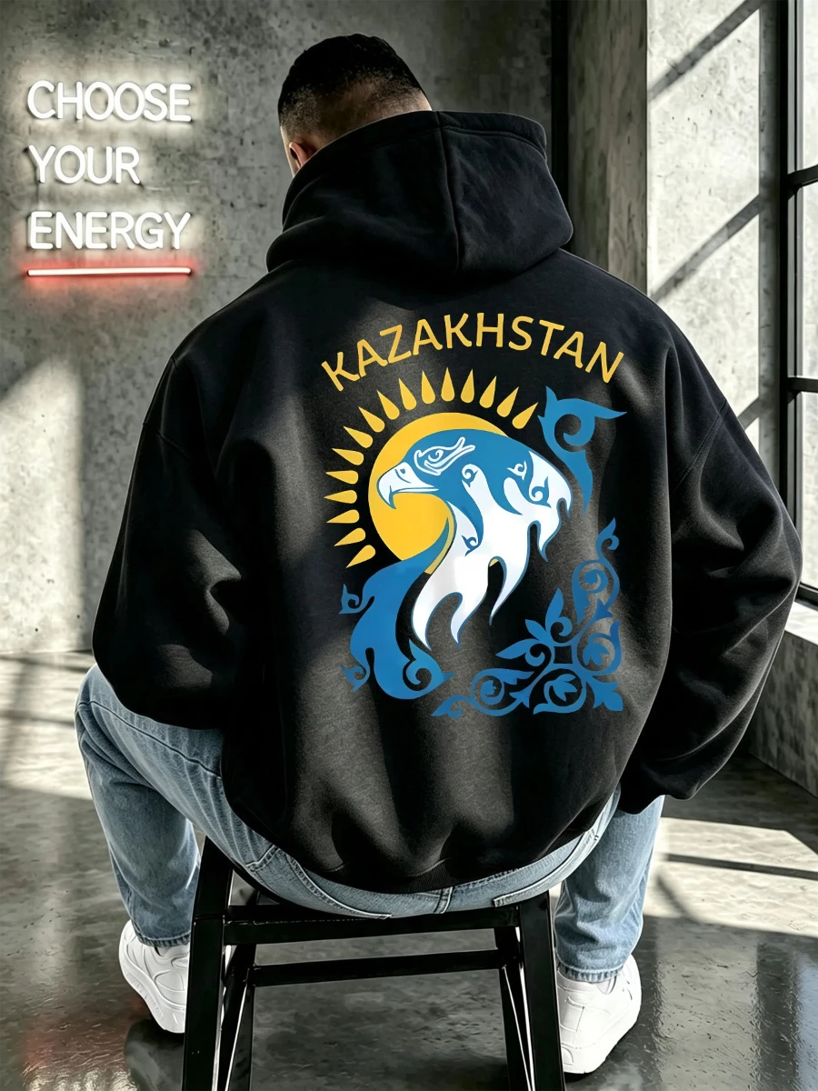 Men's Graphic Hoodie Black Kazakhstan Eagle Artwork Print Casual Versatile Oversized Sweatshirt Suitable for Daily Commute