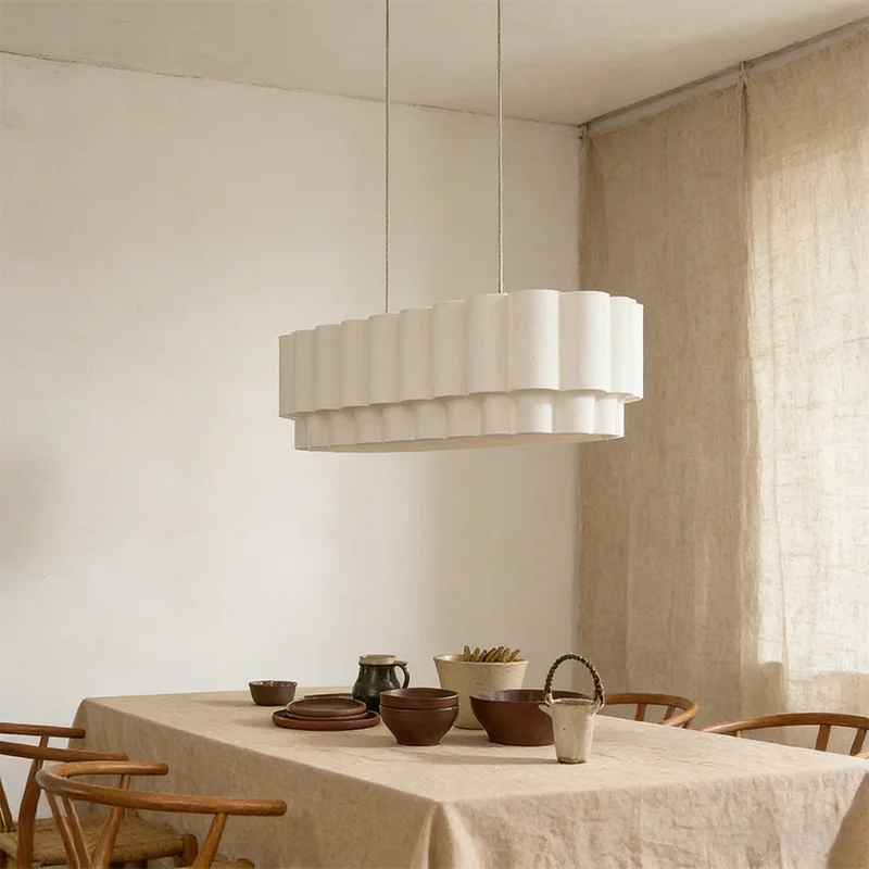 Wabi Sabi Scalloped Oval Chandelier Folia Fabric Pendant Light for Dining Table Restaurant Shop Bar Hanging Lighting Home Decor