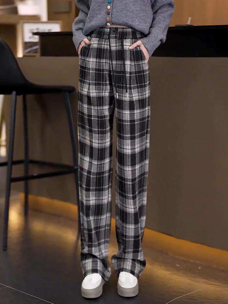 

High Waist Fleece Lined Plaid Wide Leg Pants Women's Autumn Winter Slim Fit Woolen Straight Cut Trousers Casual Commute Style