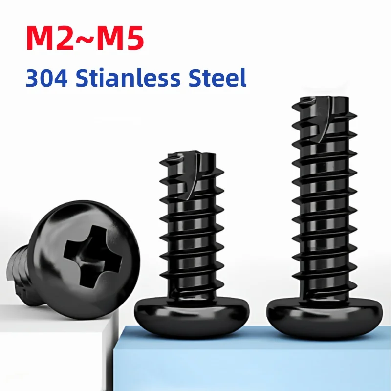 M2 M2.3 M2.6 M3 M3.5 M4 M5 Black 304 Stianless Steel Cross Recessed Mushroom Head Cutting Tail Self Tapping Screws