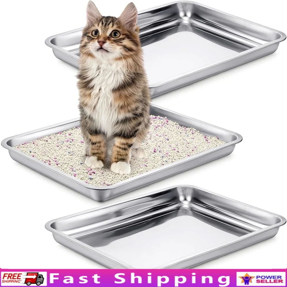

Stainless Steel Cat Litter Box 3 Pcs Odor Control Low Entry Easy Clean Kittens Hamsters Rabbits Pets