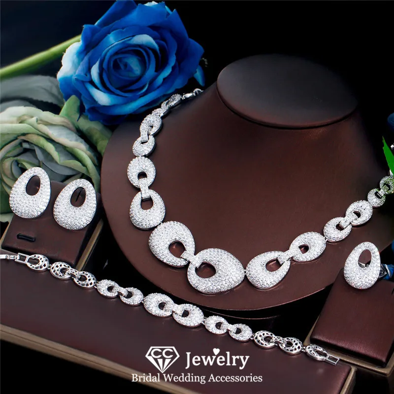 CC Jewelry Set for Women Wedding Accessory Engagement Bijoux Bridal Necklace Earrings Bracelet Ring Sets 4 PCS Party Gift T0274