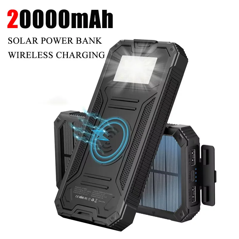 

Солнечная батарея 20000 мАч Портативное быстрое зарядное устройство Открытый водонепроницаемый беспроводной зарядный аккумулятор для iPhone 15 14 Xiaomi Samsung