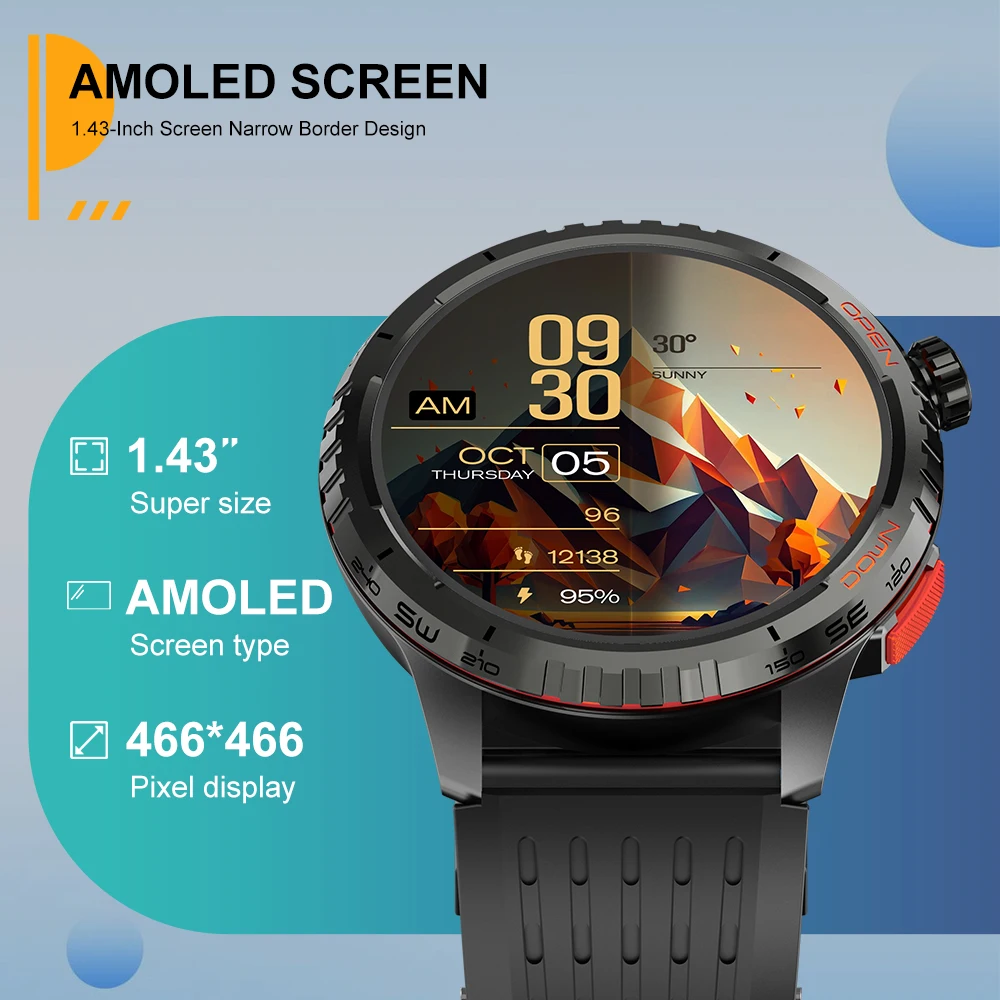 GPS Smart Watch 1.43'' AMOLED Screen for Women & Men 3ATM Waterproof with 300mAh Long Battery Time 100+ Sports Watch Metal Frame