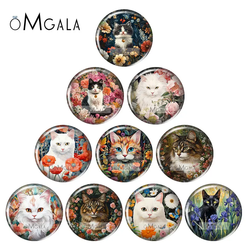 

Lovely Cat with Flowers Art Paintings 12mm/16mm/18mm/25mm Round photo glass cabochon demo flat back Making findings