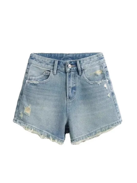 

Женские джинсовые шорты с высокой талией, летние, новые, больших размеров, повседневные, винтажные, А-силуэт, с рваным краем, универсальные, стройнящие