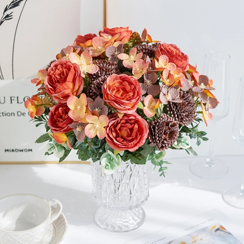 

5Pcs Artificial Flowers Silk Peony Chrysanthemum Outdoor Courtyard Wedding Bridal Bouquets Festive Home Bedroom Decor Party Gift